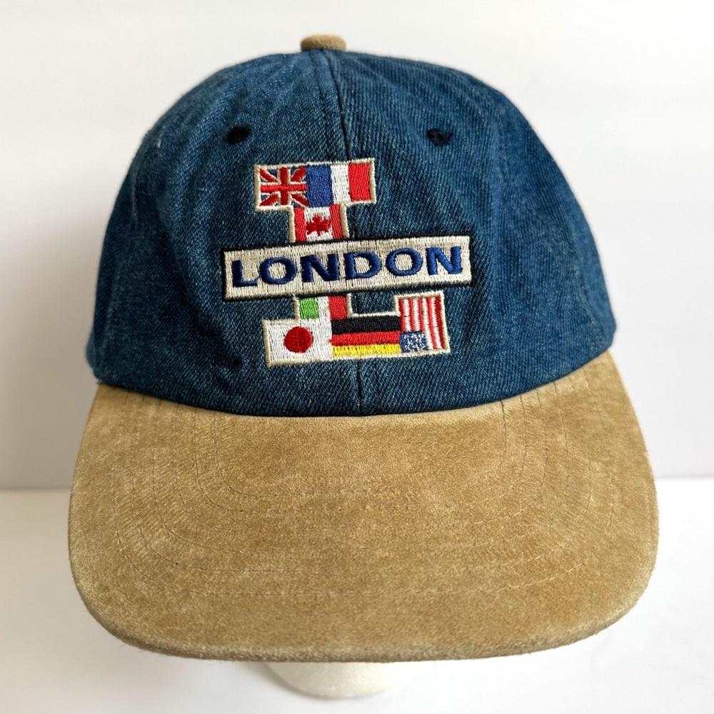 Vintage London Denim Suede Brim Hat International Flags 90s Dad Cap